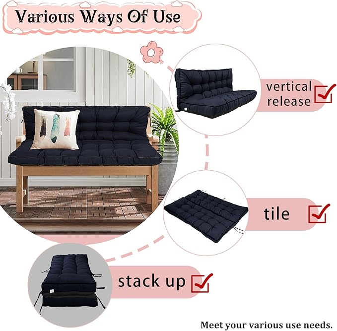 2-3 Seat Swing Replacement Cushion, Outdoor Bench Cushions with Backrest Thicken 4", Patio Furniture Garden Porch Loveseat Glider Pad Anti-Fading Waterproof (Navy Blue, 40x55in)