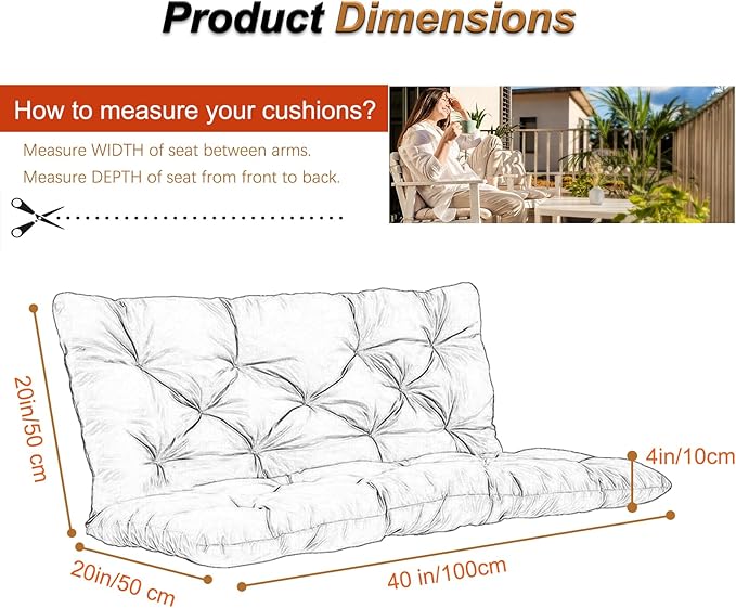 2-3 Seat Swing Replacement Cushion, Outdoor Bench Cushions with Backrest Thicken 4", Patio Furniture Garden Porch Loveseat Glider Pad Anti-Fading Waterproof (Orange, 40x40in)