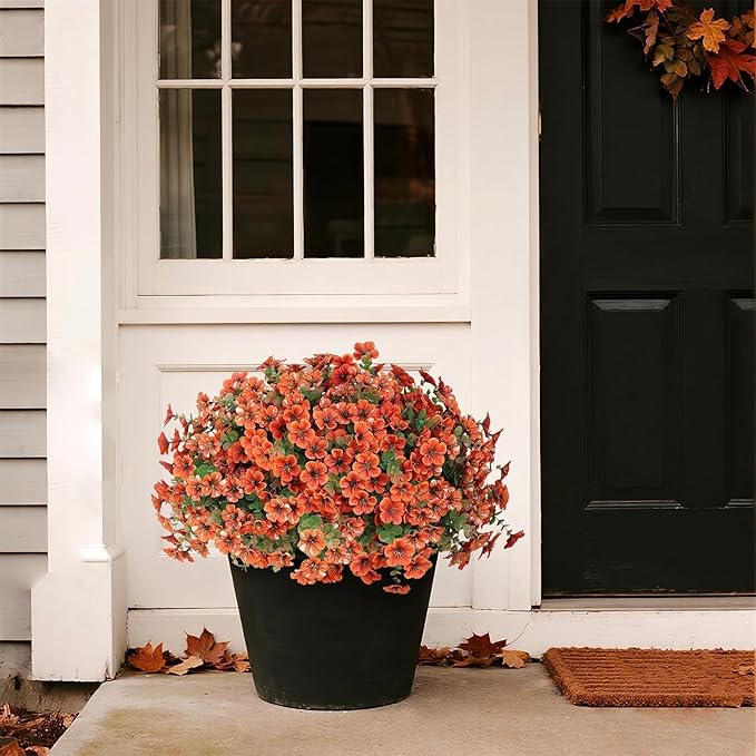 Artificial Flowers for Outdoor Fall Decoration-Faux Flower Petunia with Eucalyptus Fake Plants Boxwood for Front Door Planter Home Garden Porch Patio Thanksgiving Autumn Decor-24 Bundles (Orange)