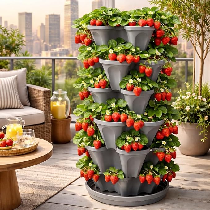 5-Tier Stackable Strawberry Garden – 24 Quart Indoor / Outdoor Stacking Planter with Drip Saucer – Grow Herbs, Strawberries, and Flowers from The Kitchen or Backyard – Plant and Stack! Easy Gardening