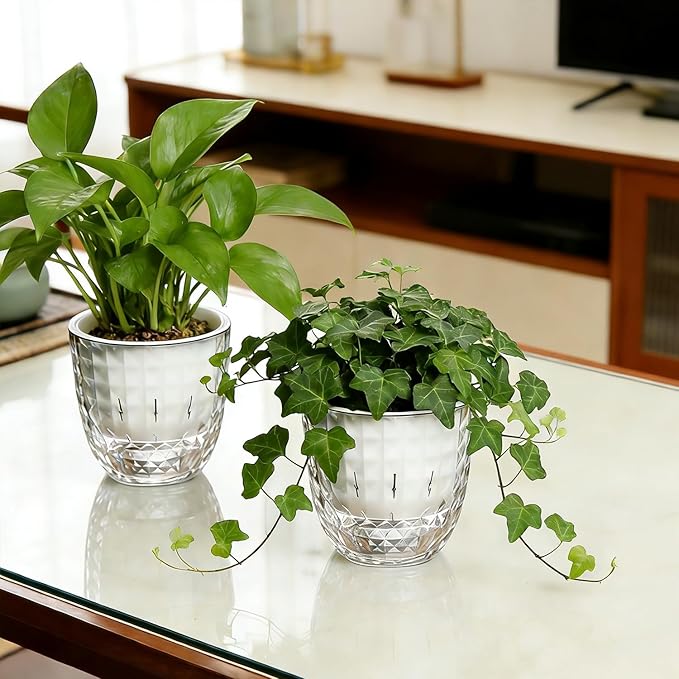 2 Pack 4 inch Self Watering Plants Pots Planters for Indoor Plants, African Violets Pots with Drainage Holes and Tray, Modern Plastic Flower Nursery Pots for Succulents,Herbs,Cactus