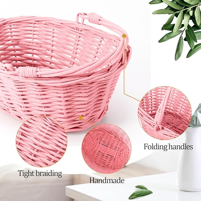 Barydat 6 Pcs Small Wicker Picnic Basket with Handle Flower Girl Baskets Oval Willow Woven Braided Gift Basket for Easter Weddings Baby Shower Home Garden Decor (Pink,9" x 7" x 4")