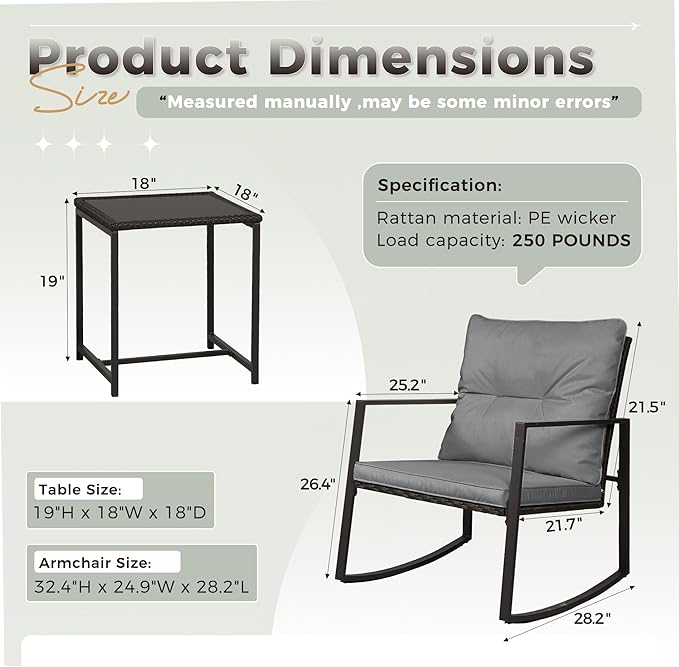 SUNCROWN 3 Piece Outdoor Rocking Bistro Set Black Wicker Furniture Porch Chairs Conversation Sets with Glass Coffee Table, Dark Grey