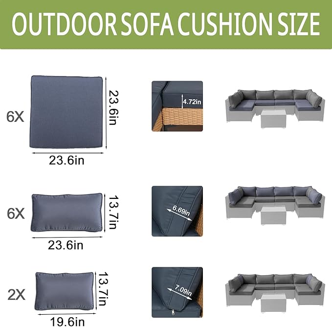14Piece Outdoor Sofa Cushion Replacement Patio Furniture Waterproof Cushion with Zippers fit 6-Seat Outdoor Wicker Rattan Sectional Couch (Black Gray, 23.6"x23.6"x3.9")