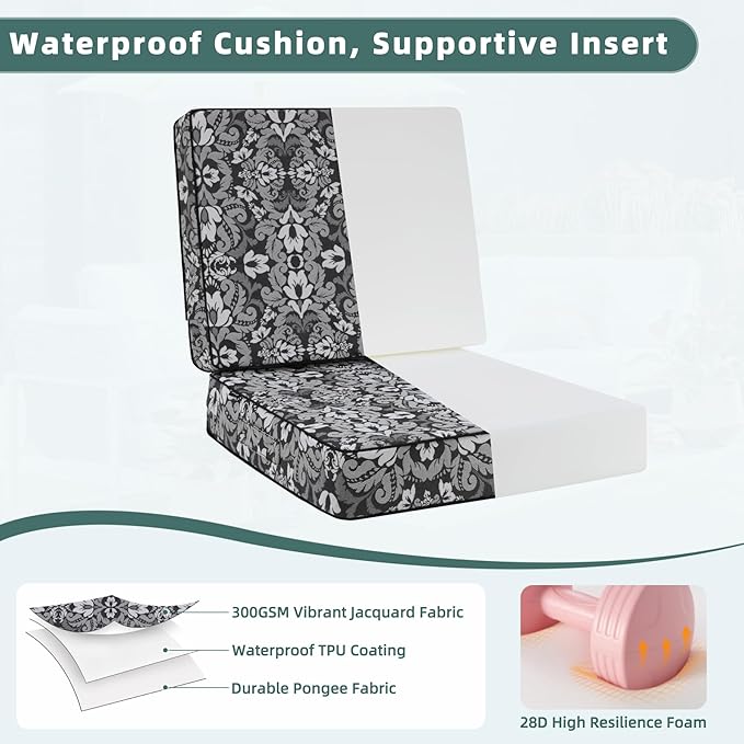 Favoyard Deep Seat Patio Cushion 24 x 24 x 4 in Waterproof Seat & Back Cushion Set with Color Fade Resisitant Pattern, Portable Handle, Attach Straps, Zipper on Removable Cover for Outdoor Furniture
