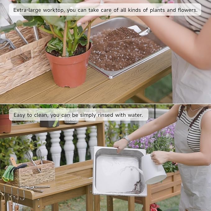 ONBRILL Potting Bench, Outdoor Potting Bench Table with Removable Sink, HDPS Potting Benches for Outside, Garden Table with Storage Shelves & 4 Side Hooks, No Rot, No Fade, No Break, 360lbs Capacity