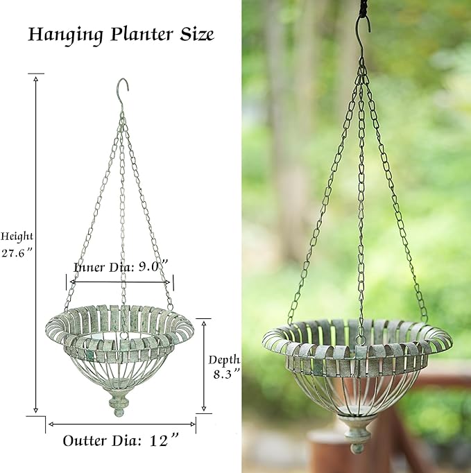 Metal Hanging Planter for Outdoor,Hand-Crafted Rusty Hanging Basket Plant Holder for Outdoor Indoor Garden, Patio, Deck, Porch, Flower Pots