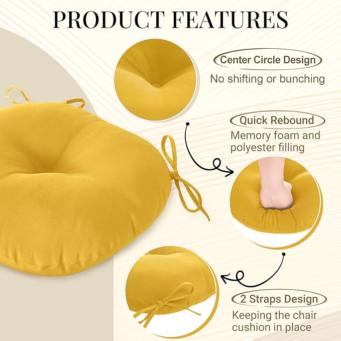 downluxe Bistro Chair Cushions for Patio Furniture, Water-Resistant Round Outdoor Chair Cushions Set of 2 with Non-Slip Ties, 15" x 15", Yellow