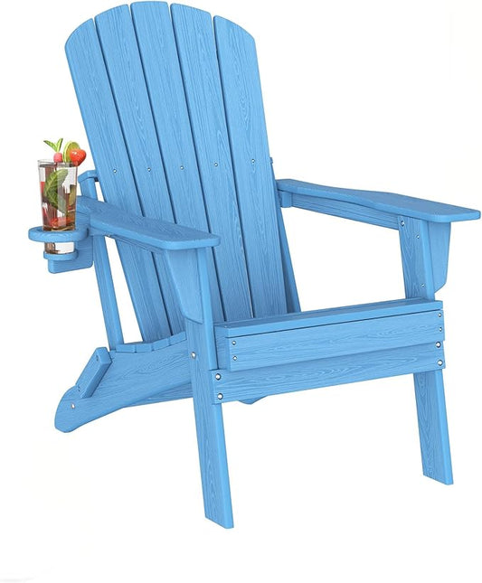 Plawdlik Folding Adirondack Chair with Cup Holder,SGS Tested,Heavy All-Weather,Wooden Textured,HDPE Outdoor Chairs for Patio Backyard Fire Pit, Light Blue