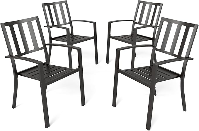 PHI VILLA Metal Outdoor Dining Chairs Set of 4 - Stackable Black Patio Chairs, 300lb Capacity (Stripe)