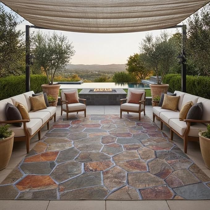 Rustic Distressed Grey Brown Rock Stones Texture 9x12 Outdoor Area Rug for Garden Backyard Balcony Patio Camping Deck Pool Floor Mats Non Slip Washable Waterproof Thin Indoor Outside Carpets