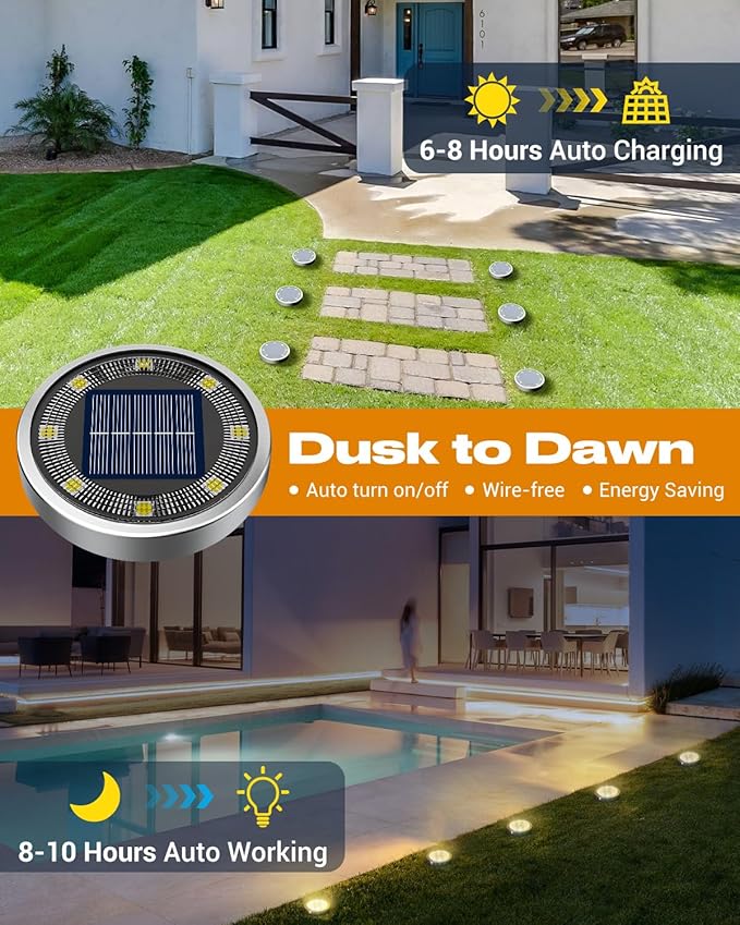 btfarm 6 Pack Solar Ground Lights Outdoor, 8 LED Flat Solar Lights Outdoor Pathway IP65 Waterproof for Garden Pathway Lawn Patio Yard Landscape, Warm White