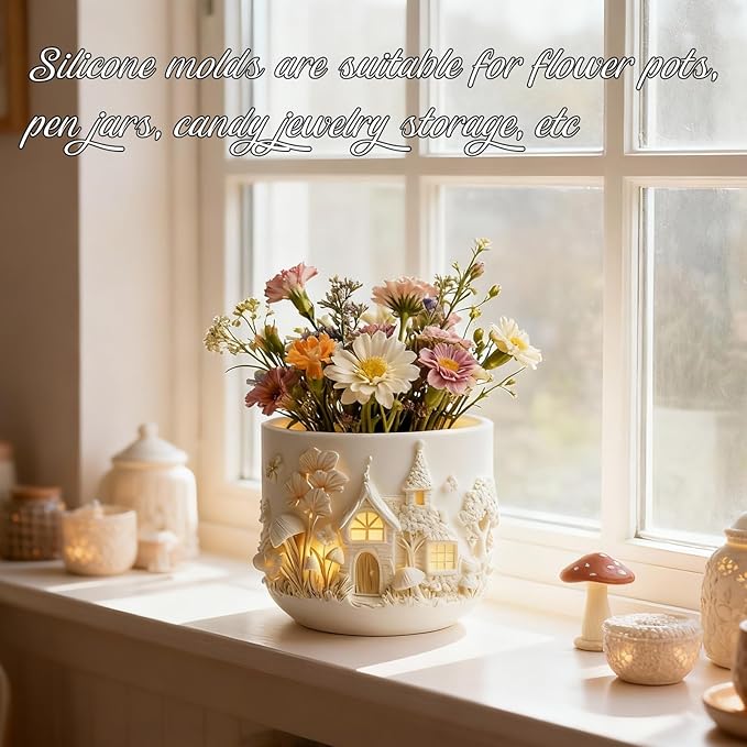Fairy House Flower Pot Silicone Resin Mold, Epoxy Resin Casting Planter Pot Molds, Candle Holder Mold, Pen Holder Jewelry Container Vessels Mould, Concrete Cement Clay Plaster Mold for Home Decor