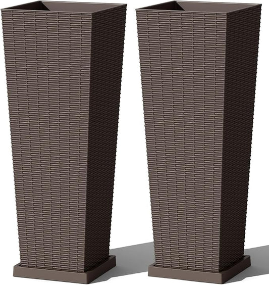 Greesum Set of 2 Tall Plastic Planters with Saucer, 32 Inch Large Pots with Drainage Trays, Weather-Resistant Plastic Plant Containers for Patio, Porch, Garden,Brown