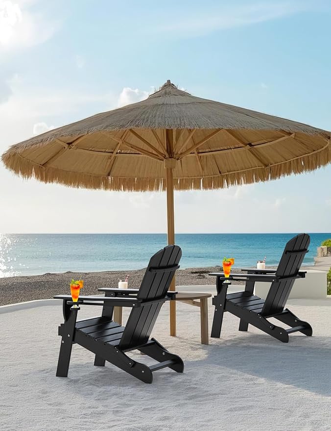Folding Adirondack Chair Set of 4, Wooden Textured Plastic Adirondack Chairs with 2 Cup Holder, Weather Resistant HDPE Fire Pit Chair, Outdoor Patio Chairs for Garden, Backyard, Lawn, Deck, Black