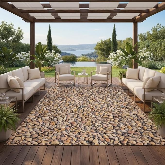 Coastal Beach Pebble Pattern Outdoor Rug 10x14 Washable Reversible Waterproof Thin Easy Clean Durable Beige Brown Outside Carpet for RV Camping Poolside Deck Balcony Garden Low Pile Floor Mat