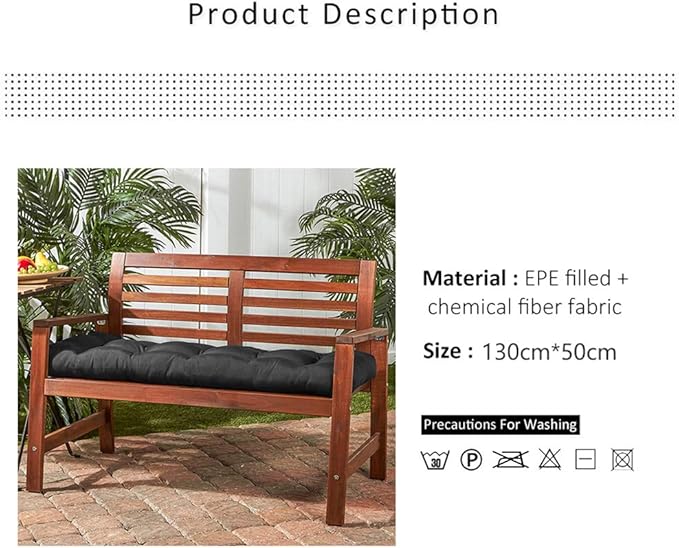 Indoor/Outdoor Bench Cushion Cotton Garden Furniture Loveseat Cushion, 51.2"x19.7" Patio Wicker Seat Cushions for Lounger Garden Furniture Patio Lounger Bench (Black)
