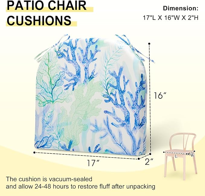 downluxe Outdoor Chair Cushions Set of 4 for Patio Furniture, Water-Resistant Patio Chair Cushions with Ties, High Density Foam Outdoor Seat Cushion, 17" X 16" X 2", Blue Coral