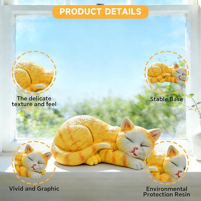 Garden Outdoor Decor Cats Statue, Sleeping Cat Figurines Garden Statues & Sculpture Decor for Patio, Porch and Lawn, Cat Memorial Stone Gifts for Lover and Womens Orange