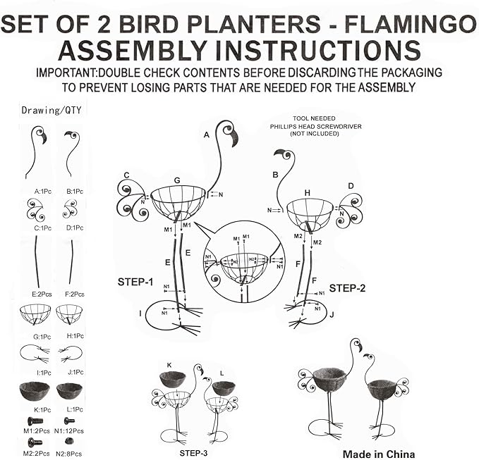 Pink Flamingo Planters,Metal Flamingo Plant Pots Decorations with Fiber Basket,Outdoor Indoor Standing Bird Planters Lawn Garden Décor Art for Lawn,Yard,Patio,Balcony Ornament（Set of 2）