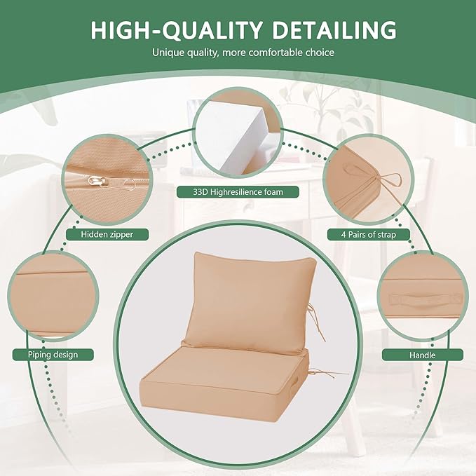 Outdoor Chair Cushions 4 Set, 19 x 19 x 4IN, Patio Deep Seat Cushion for Patio Furniture, Waterproof & Fade Resistant Thick Deep Seating Pads for Outside Wicker Ratten Chair Sofa Couch,Beige