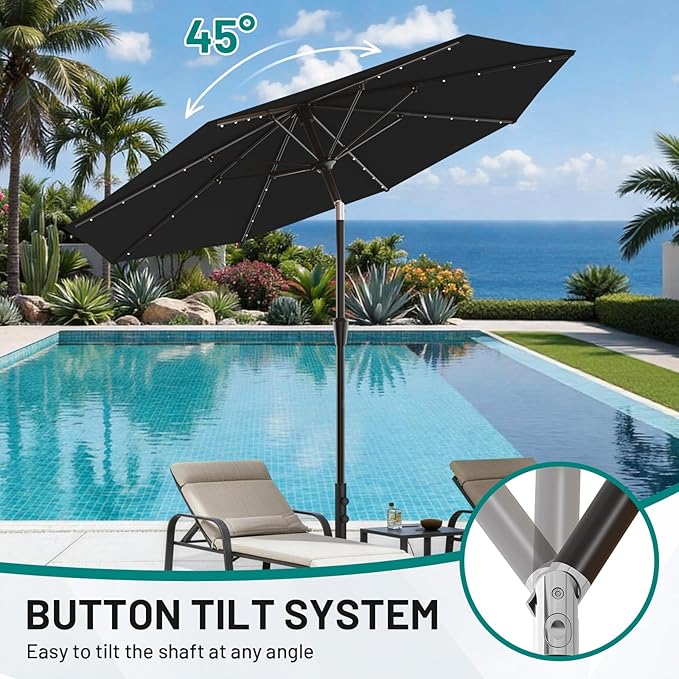 AreShark 9FT Patio Umbrella with Solar Lights, 32 LED Lighted Pool Umbrella w/Tilt and Crank, Outdoor Market Solar Umbrellas for Garden, Deck, Backyard, Pool and Beach, Black