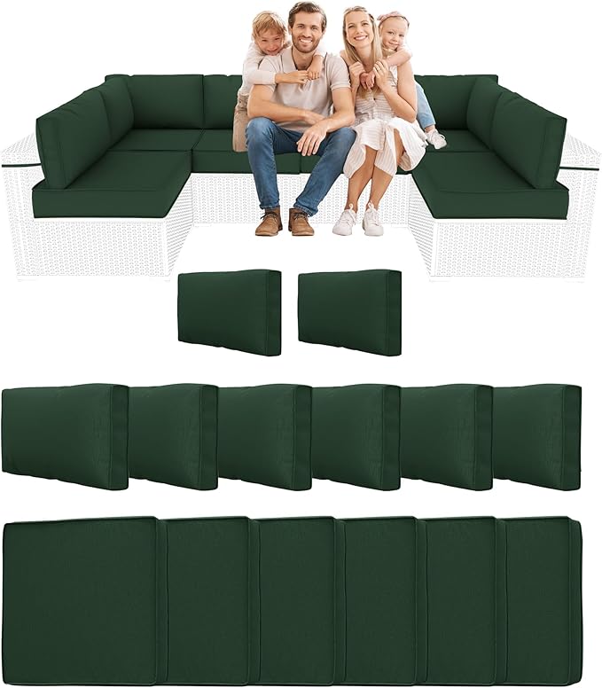 14 Piece Outdoor Sectional Cushions, Water-Resistant Outdoor Sofa Cushions Replacement, 4" High Density Foam Patio Furniture Cushions Fits 6-seat Rattan Conversation Set (Dark Green)