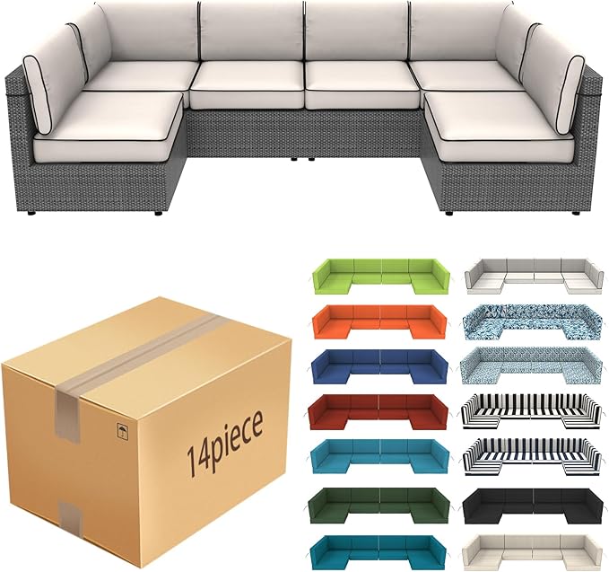 14 Pcs Outdoor Replacement Cushions for Patio Furniture, All Weather Water Resistant Cushion for 6 Seat Rattan Wicker Sectional Patio Conversation Sets and Couch (Cream+Black Piping)