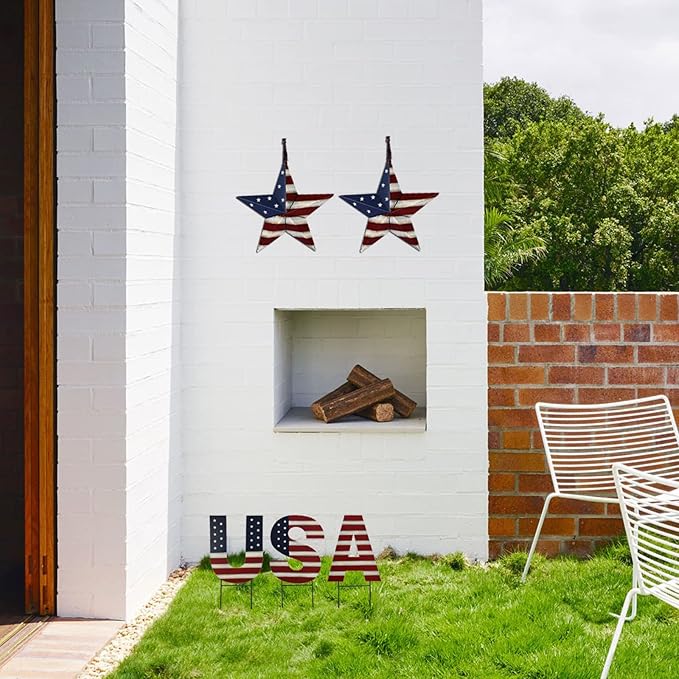 Metal USA Letter Yard Sign with Stake, Patriotic Barn Star Garden Stake Hanging Wall Decor, Outdoor Garden Lawn American Decor for 4th of July Independence Day Memorial Day