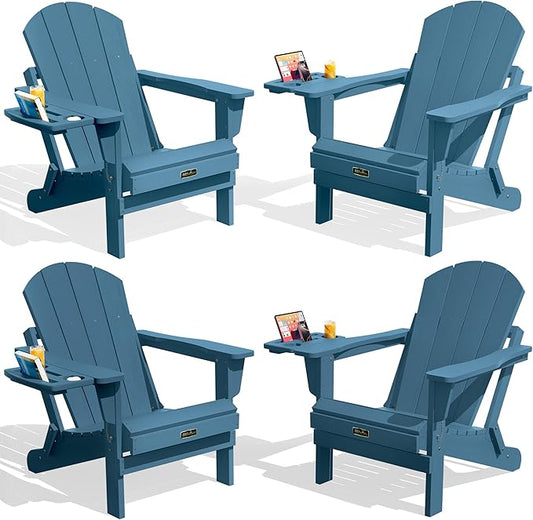 SERWALL Foldable Adirondack Chair Set of 4, HIPS Adirondack Chairs with 4 in 1 Cup Holder, Weather Resistant Fire Pit Chair for Patio, Garden, Outdoors, Poolside - Blue