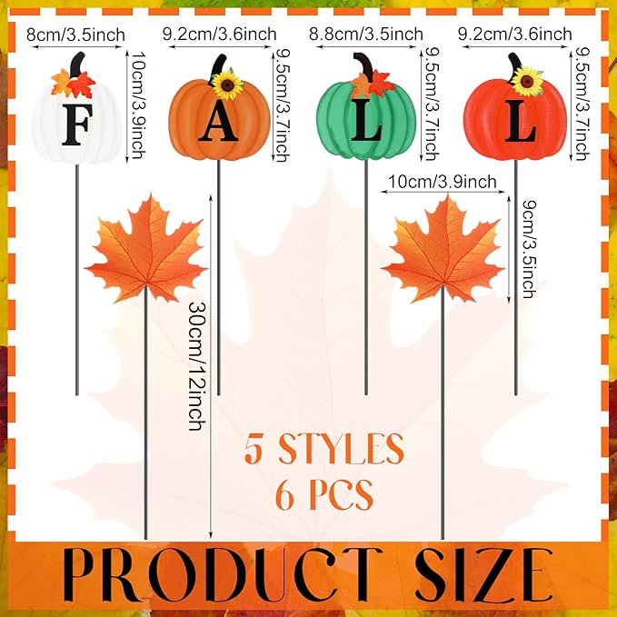 6 Pcs 12'' Thanksgiving Garden Stakes Pumpkin Scarecrow Maple Leaves Fall Metal Yard Sign Yard Stakes Outdoor Thanksgiving Decorations for Planter Lawn Patio Walkway Porch(Classic Style)