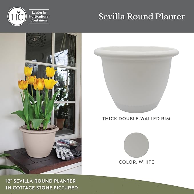 The HC Companies Sevilla Flower Planters - Durable Outdoor & Indoor Planter - Round Lightweight Self Watering Plant Pots for Herbs & More (12" White, Pack of 2)