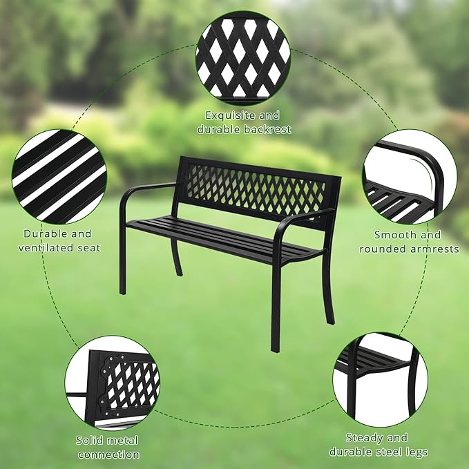 Outvita Outdoor Bench, 47" Metal Garden Bench Patio Park Furniture with Plastic Backrest Powder-Coated Chair Yard Entryway Deck Porch Black