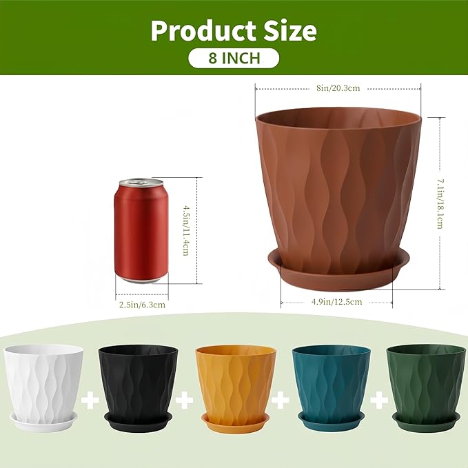 Plant Pots 8 Inch, 6 Pack Plastic Flower Pots for Indoor & Outdoor Plants, Planters with Drainage Holes and Saucer, Garden Pot for Plants (Multicolor)