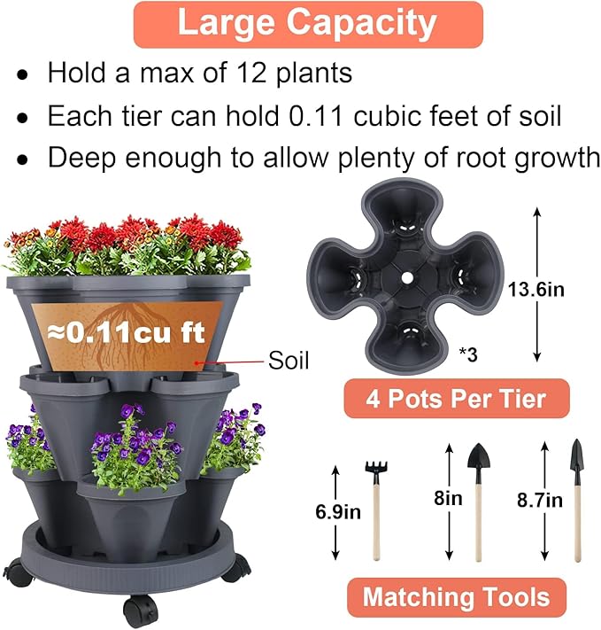 GameXcel Vertical Planter Tower- 3 Tier Stackable Garden Planter with Wheels and Tool Set – Grow Strawberries Herbs Flowers and Vegetables - Indoor Outdoor Use Dark Gray