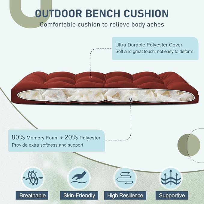 downluxe Outdoor Bench Cushion for Patio Furniture, Water Resistant Tufted Overstuffed Porch Swing Cushions, Thick Outdoor Loveseat Cushions, 48" X 18" X 5", Brick Red, Set of 1
