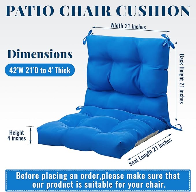 Marsui 4 Pcs Outdoor Indoor High Back Chair Cushions Patio Furniture Tufted Pillow with Ties All Weather Replacement Outdoor Rocking Chair Cushions, 42 x 21 Inches (Blue)