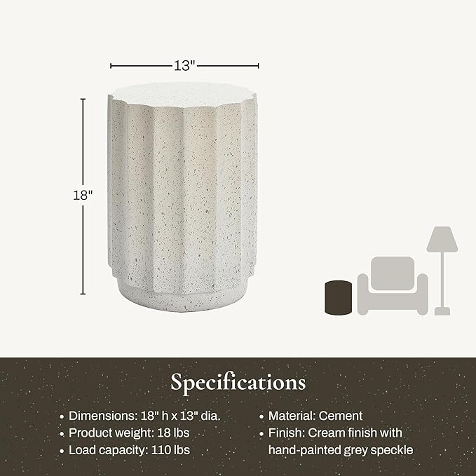 LuxenHome Cream with Gray Cement Fluted Round Indoor Outdoor Side and End Table, Set of 2