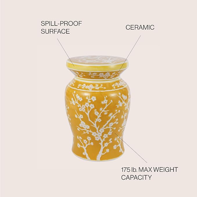 JONATHAN Y TBL1017E Cherry Blossom 17.75" Ceramic Indoor/Outdoor Garden Stool Coastal, Contemporary, Transitional, Patio, Garden Room, Bathroom, Living Room, Yellow/White