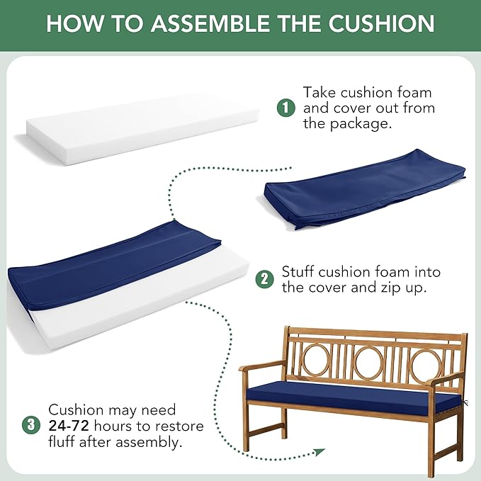Outdoor Bench Cushion: Waterproof and Fade Resistant Patio Furniture Cushions - Non-Slip Bench Pad Cushion with Removable Cover for Garden Swing Porch Sofa Settee, 48 x 18 x 3 Inch, Navy Blue