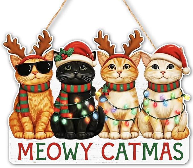 Christmas Cat Gifts Door Hanger for Cat Lover, Meowy Catmas Door Decoration Sign