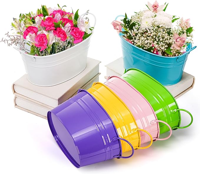 Foraineam Metal Flower Planter Pots Oval Plant Pot Holders with Handles, Floral Arrangement Bucket Tubs, Garden Succulent Cactus Container for Indoor Outdoor Wedding Party Events Decor, 6 Colors