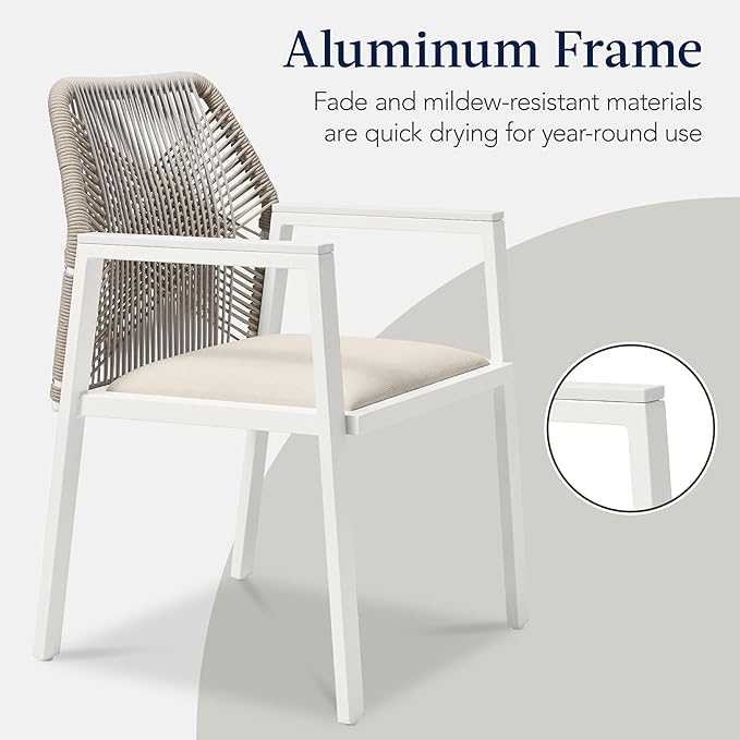 Best Choice Products Outdoor Dining Arm Chair Set of 2, Aluminum Frame with Armrest, All-Weather Woven Rope Chair Design - White/Alpine
