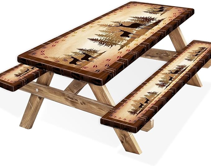 30X60 Inch Brown Deer Picnic Table Cover with Bench Cover and Drawstring Bag, Waterproof Washable Fitted Outdoor Tablecloth Rectangular Elastic Edged for Camping Outdoor Travel, 3 Pieces Set