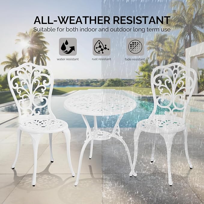 Outvita Patio Table and Chairs Set, Cast Aluminum Outdoor Cafe Table and Chairs Set of 3, Stability Patio Bistro Sets with Umbrella Hole for Garden, Patio, Balcony, Butterfly Pattern White