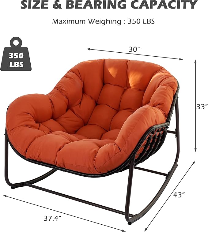 Papasan Rocking Chair, Oversized Papasan Chair with Cushion and Frame for Indoor& Outdoor, Deep Seat Egg-Shaped Rocker Chair for Garden, Deck, Living Room, Red