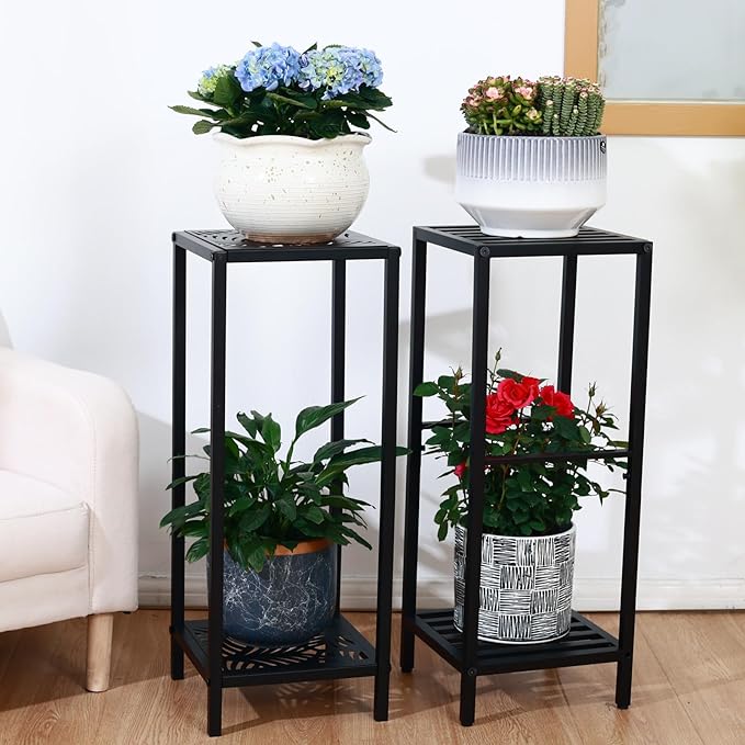 Party Zealot 2-Tier Tall Metal Square Plant Stand 31” Heavy-Duty Modern Flower Pot Rack for Indoor Living Room, Corner Side Table for Outdoor Patio, Garden, and Balcony, Black
