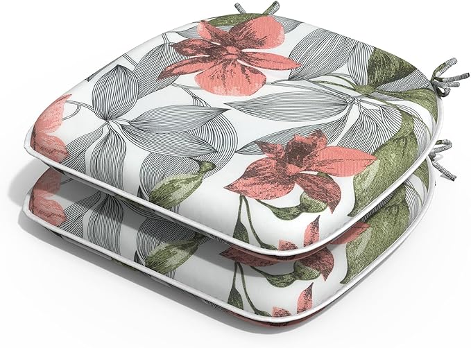 Outdoor Chair Cushions Set of 2, Water Resistant Patio Chair Pads with Ties, Seat Cushions for Home Garden Furniture Decoration, 16"x17", Clemens Noir Pink