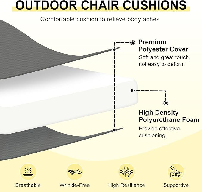 downluxe Outdoor Chair Cushions Set of 2 for Patio Furniture, Water-Resistant Square Corner Patio Chair Cushions with Ties, High Density Foam Outdoor Seat Cushion, 18.5" X 16" X 3", Dark Grey