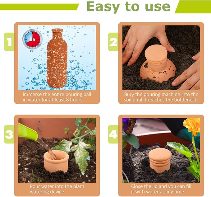 3pcs 10*3.5*3.5in Ollas Self Watering Planter Watering System 30.5oz Plant Watering Globes Clay Watering Pot with lid Terra Cotta Clay Irrigation Globes Insert Drip Irrigiation Olla System